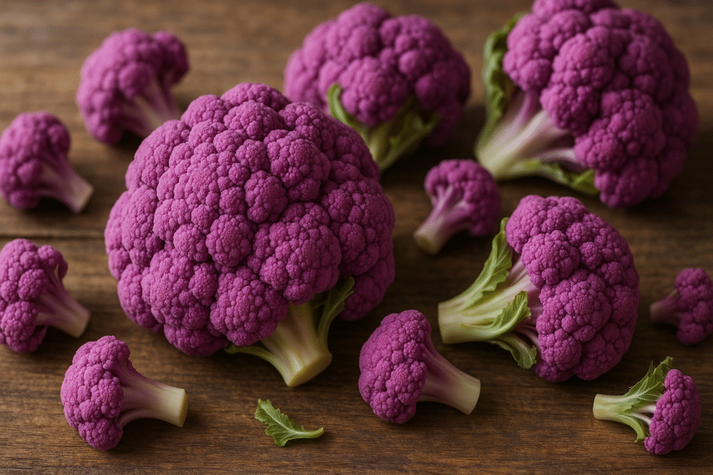 Fresh purple cauliflower florets arranged on a parchment-lined baking sheet.