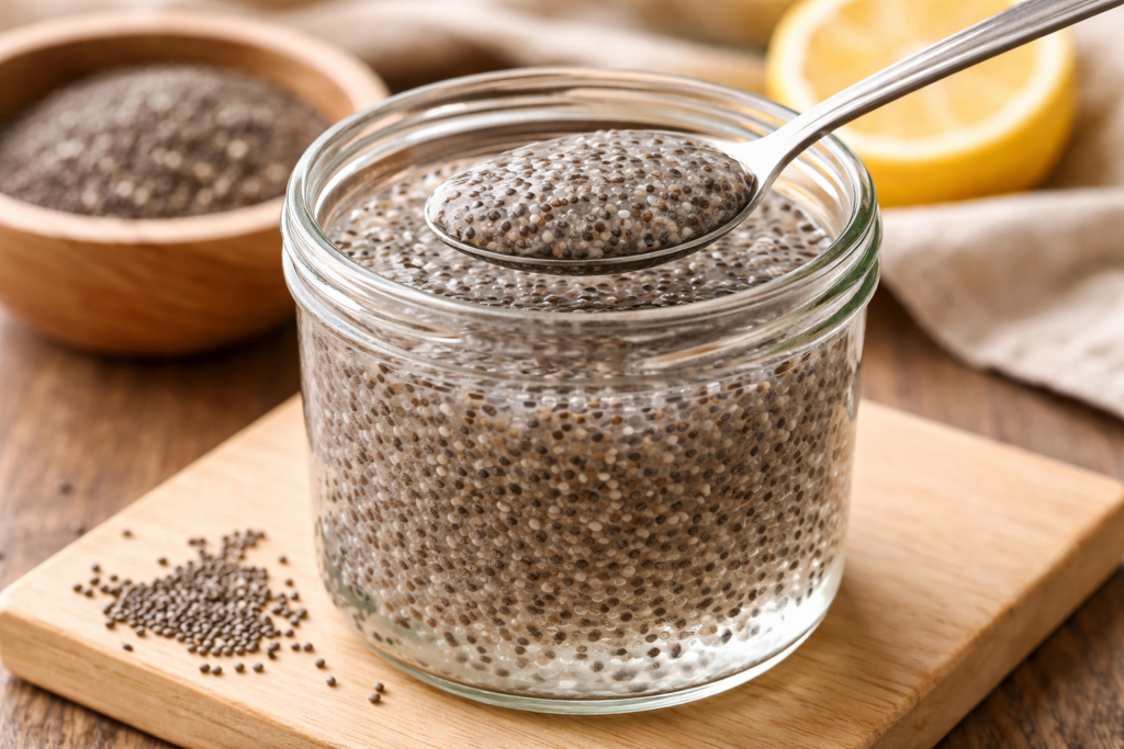 Hydrated chia seeds forming gel-like texture
