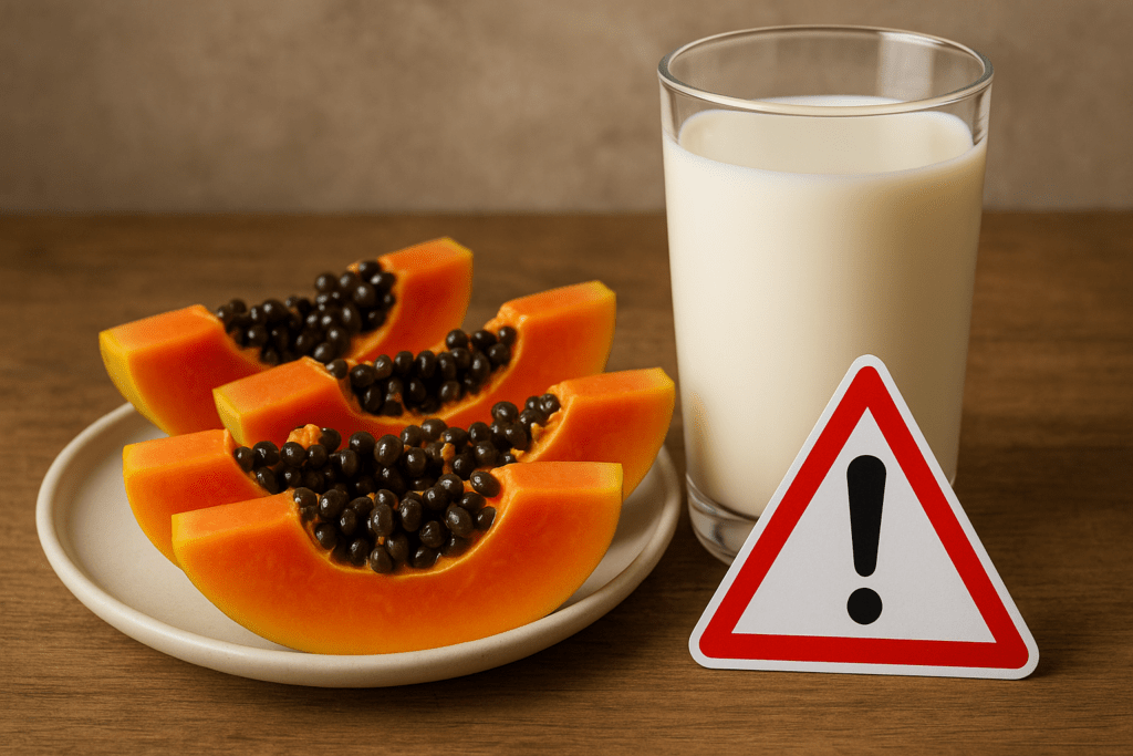 6 Foods to Avoid with Papaya “Ripe papaya slices beside a glass of milk with a warning symbol indicating an unhealthy food combination.”