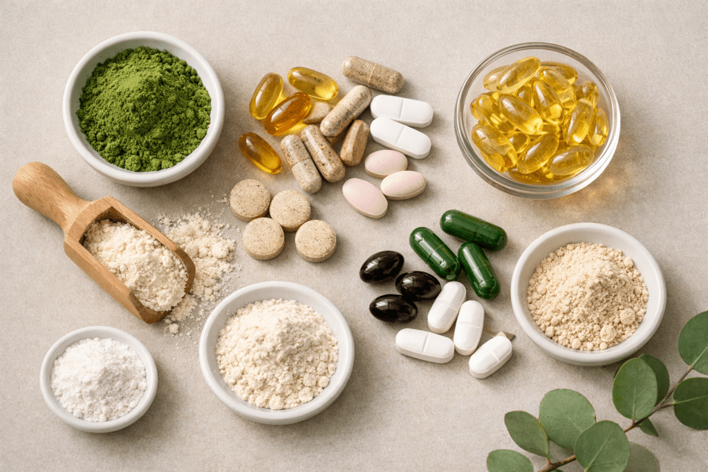“Different types of dietary supplements, including capsules, tablets, and powders.”