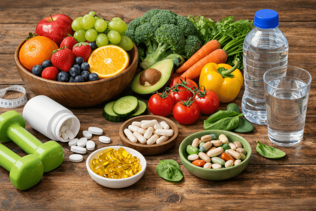 “Dietary supplements alongside healthy foods for balanced nutrition.”