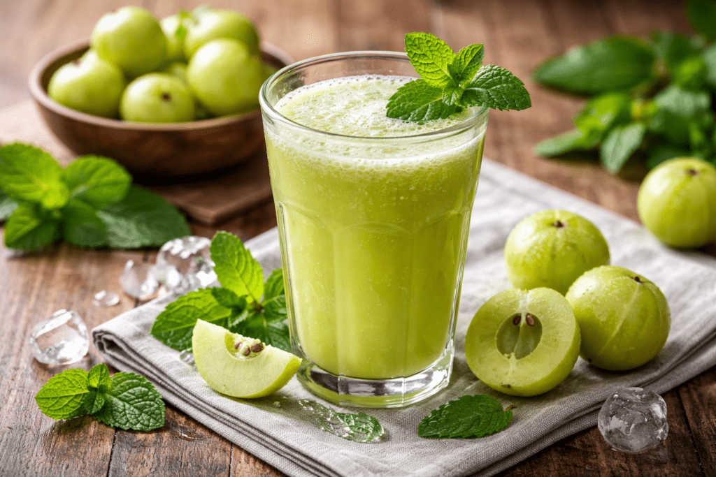 “A glass of amla juice on a table promoting hydration and digestion wellness”