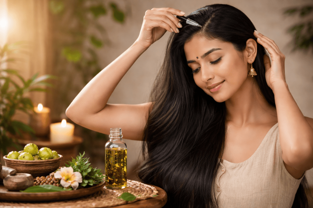 The image depicts a woman applying herbal hair oil to her scalp, showcasing her healthy, long black hair—a cultural and natural theme devoid of any branded content.