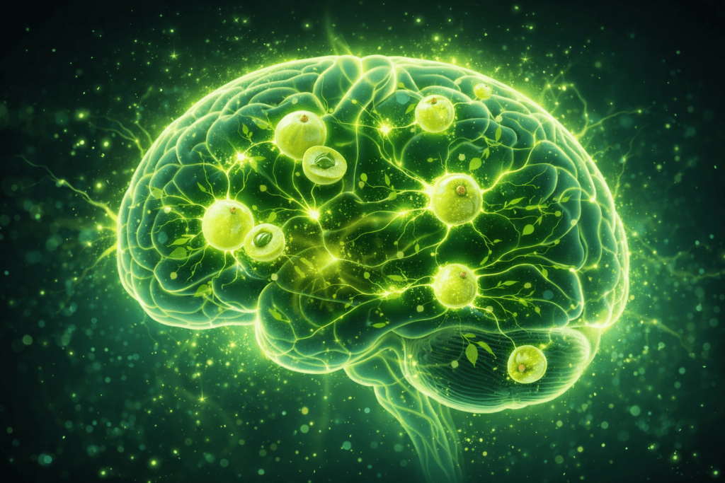 The illustration of a brain and amla highlights the cognitive health benefits of amla juice.