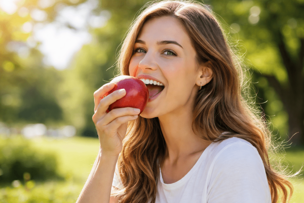 A healthy person enjoys an apple with its skin for better nutrition.