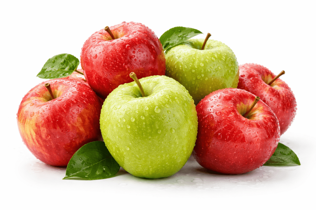 There are fresh apples with peels showing vibrant color and natural texture.