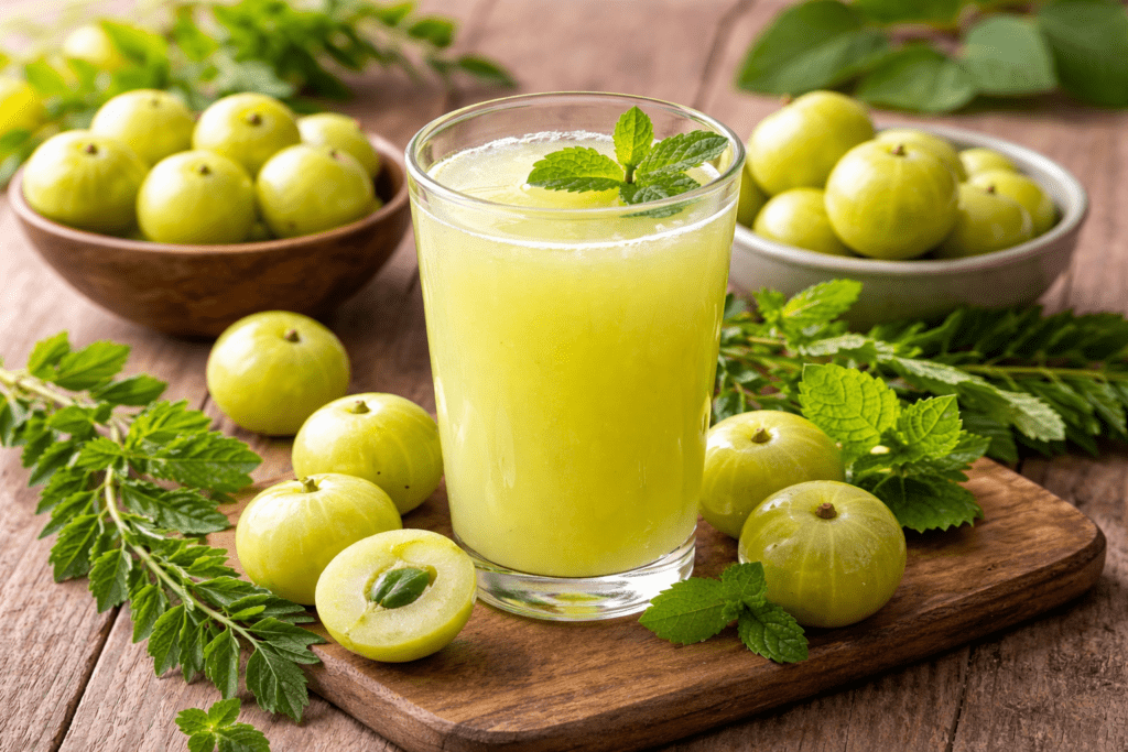 “A glass of amla juice surrounded by fresh Indian gooseberries, representing the Ayurvedic benefits of daily amla consumption for mental clarity and digestive wellness.”