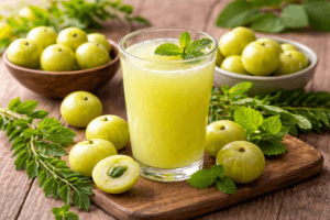 “A glass of amla juice surrounded by fresh Indian gooseberries, representing the Ayurvedic benefits of daily amla consumption for mental clarity and digestive wellness.”