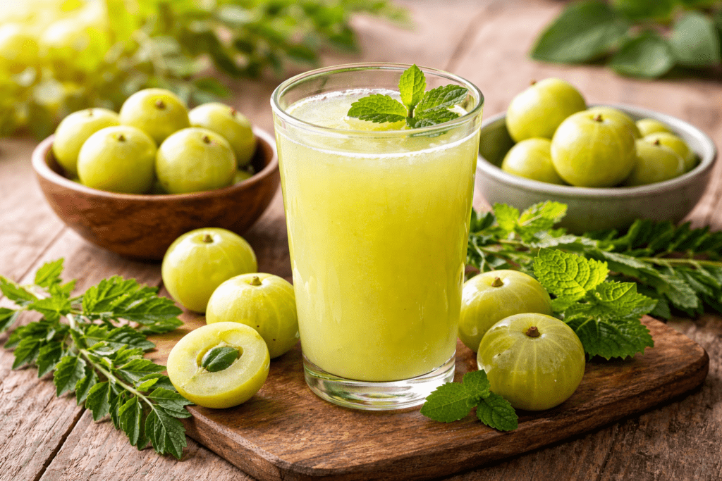 Amla fruit and juice bottles promote Ayurvedic digestion and emotional balance.