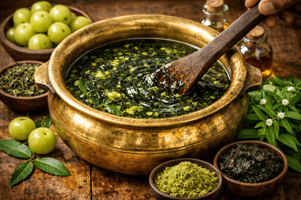 Amla and Bhringraj are combined to create an herbal mix for hair-strengthening oil.