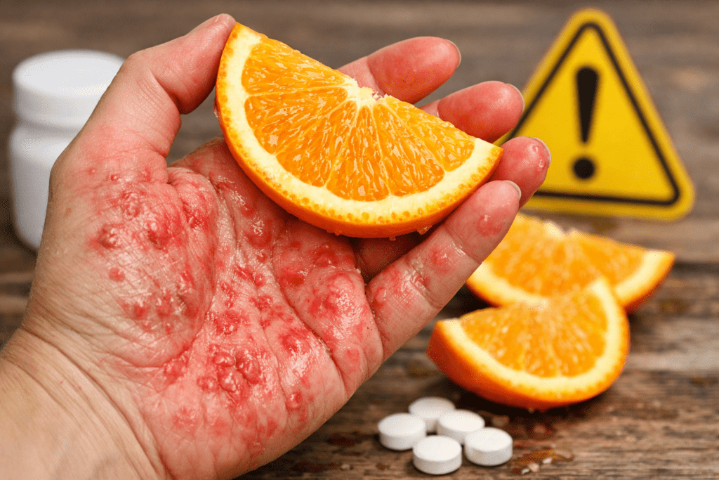 "The symbol for a skin allergy reaction is connected to an orange allergy warning."
