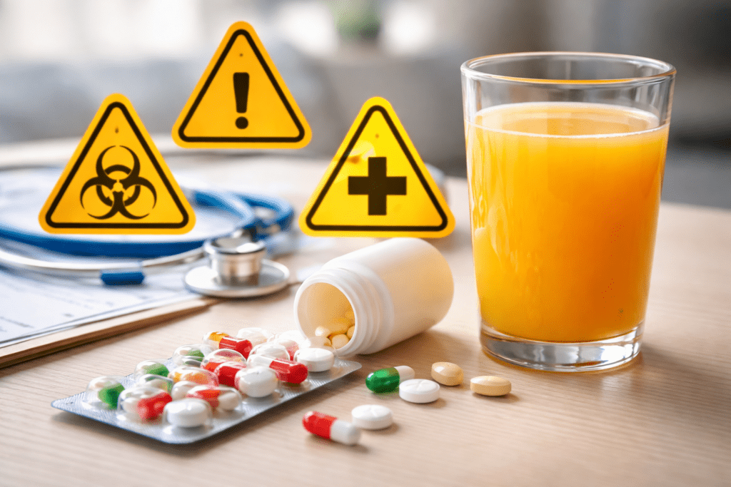“Orange juice with a diabetic glucometer showing high blood sugar concern.”