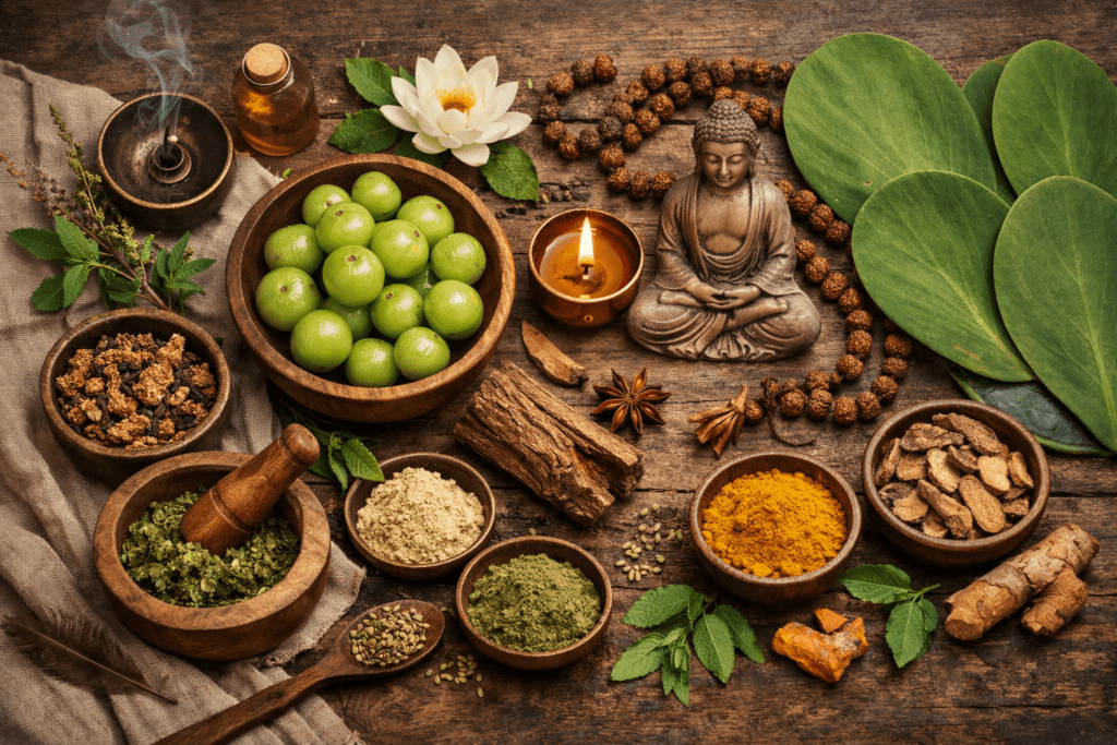 Ayurveda-styled flat-lay with amla, herbs, paddle leaves, and a calming spiritual aesthetic