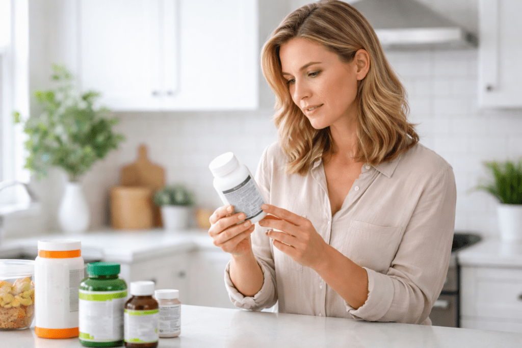 “Person checking supplement label for ingredients and dosage.”