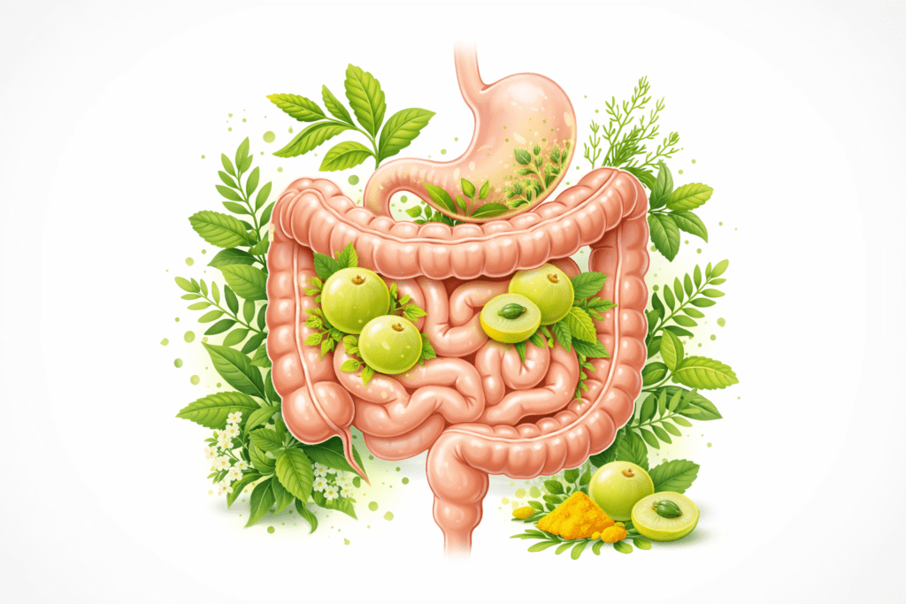 Amla fruit and juice bottles promote Ayurvedic digestion and emotional balance.