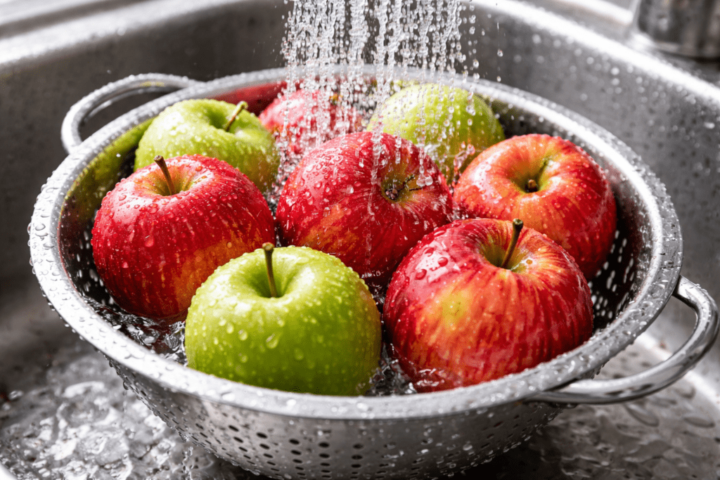 Apple being washed thoroughly under running water.