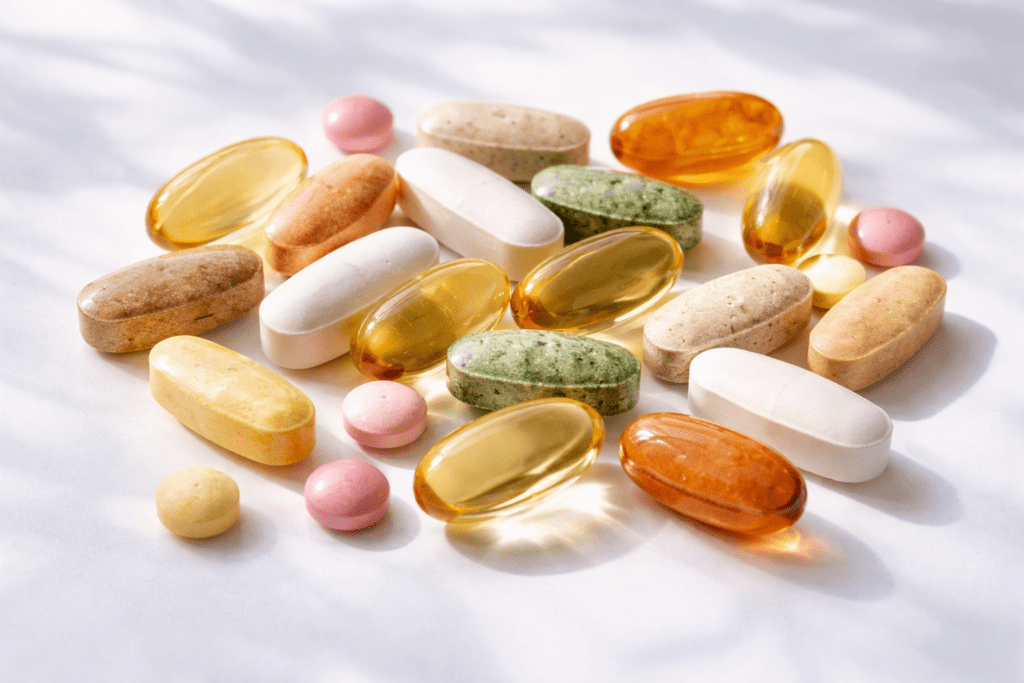 “Various vitamin capsules and tablets displayed on a clean white background with natural lighting”