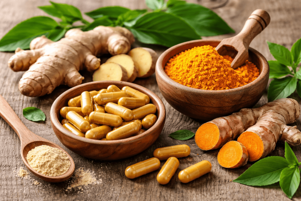 “Herbal supplements made from turmeric, ginger, and leaves arranged on a wooden surface”