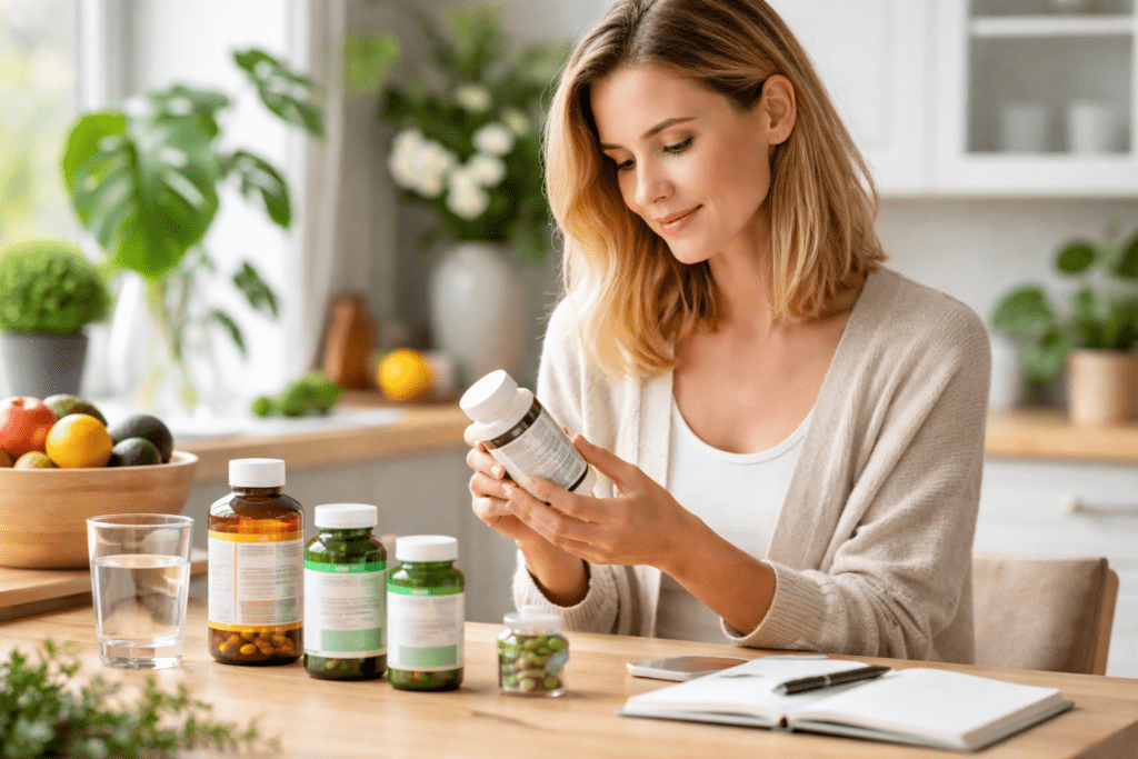 “Person reading supplement labels in a calm, health-focused environment”