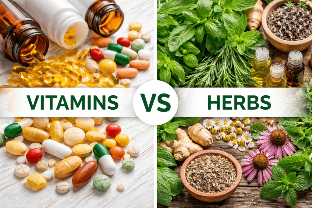 “Comparison visual showing vitamins on one side and herbal plants on the other”
