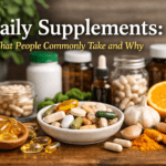 “Daily supplements including multivitamins, omega-3 capsules, probiotics, and herbal supplements arranged as part of a healthy wellness routine.”