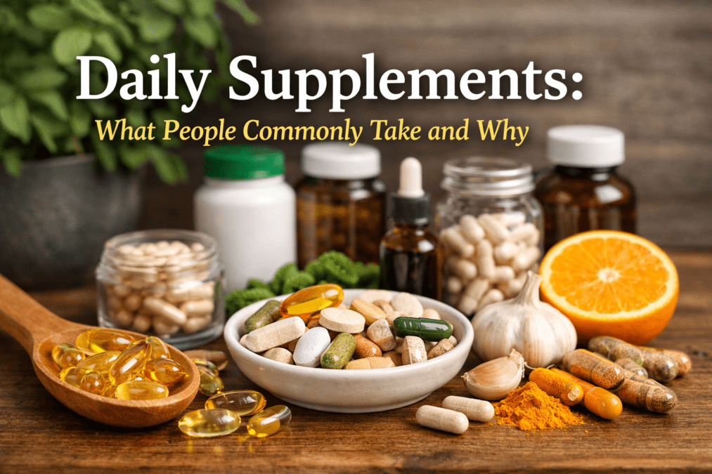 “Daily supplements including multivitamins, omega-3 capsules, probiotics, and herbal supplements arranged as part of a healthy wellness routine.”