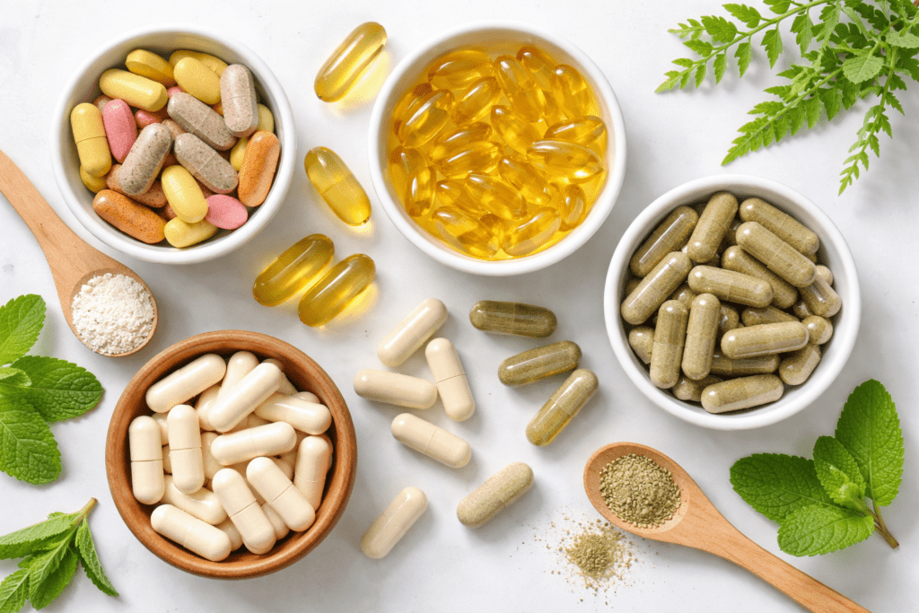 Daily supplements arranged for a healthy wellness routine