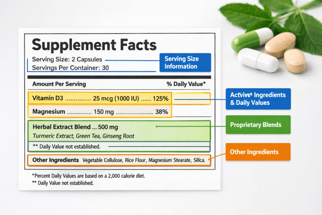 “Supplement facts label showing serving size and daily value”