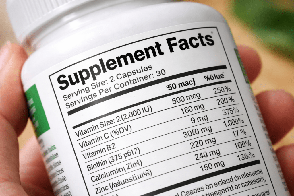 “Supplement safety warning label and FDA disclaimer”