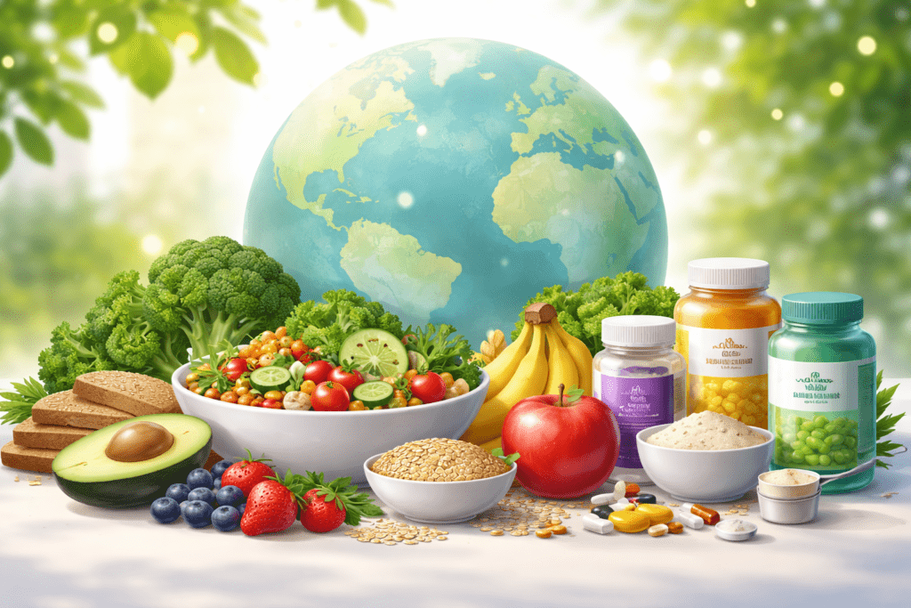 Balanced diet with whole foods and supplements illustration