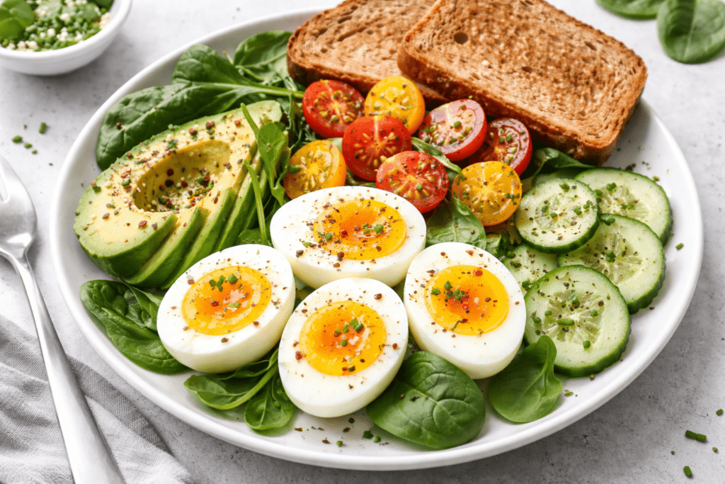 1. A clean, high-resolution image of boiled eggs with vegetables on a healthy breakfast plate