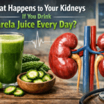 Fresh karela (bitter gourd) and a glass of karela juice on a wooden table, highlighting natural support for kidney health, liver function, and blood sugar balance.