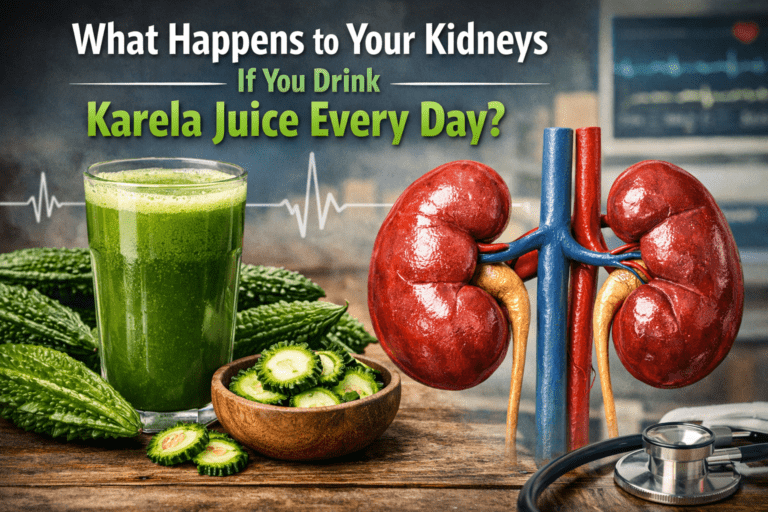 Fresh karela (bitter gourd) and a glass of karela juice on a wooden table, highlighting natural support for kidney health, liver function, and blood sugar balance.