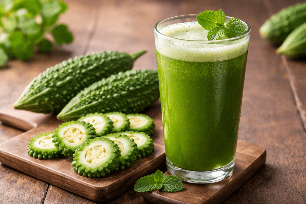 Glass of karela juice for blood sugar management