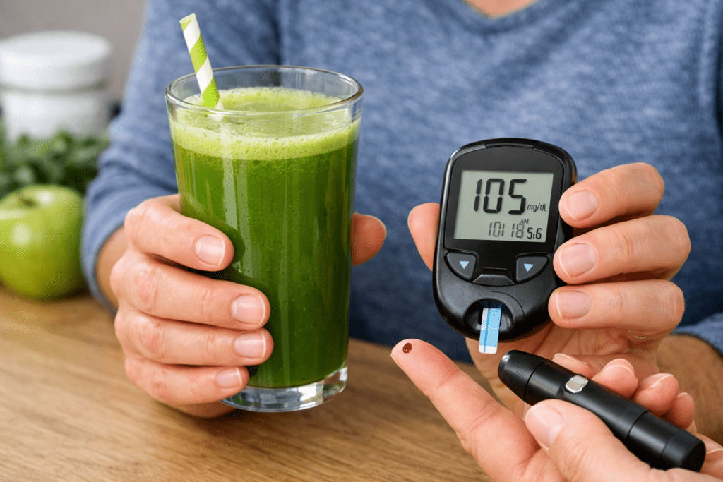 Person monitoring glucose levels before drinking karela juice