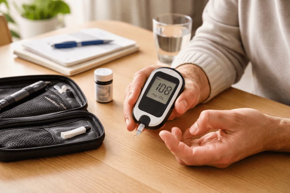 Person checking blood sugar levels at home using a glucometer.