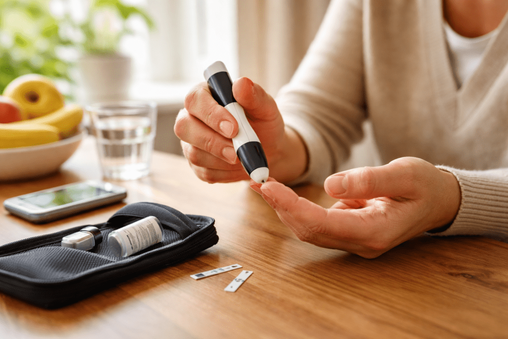 Reduce Blood Sugar Fast—A person is checking their blood sugar levels at home using a glucometer.