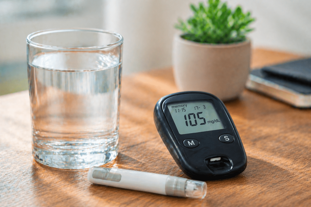 Drinking water to help reduce high blood sugar levels.