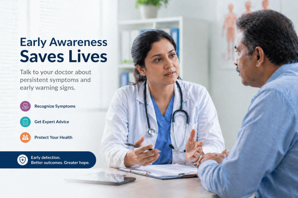early cancer symptoms A professional medical awareness banner showing a doctor consulting a patient in a bright clinic, with soft natural lighting, a realistic style, and a hopeful tone.