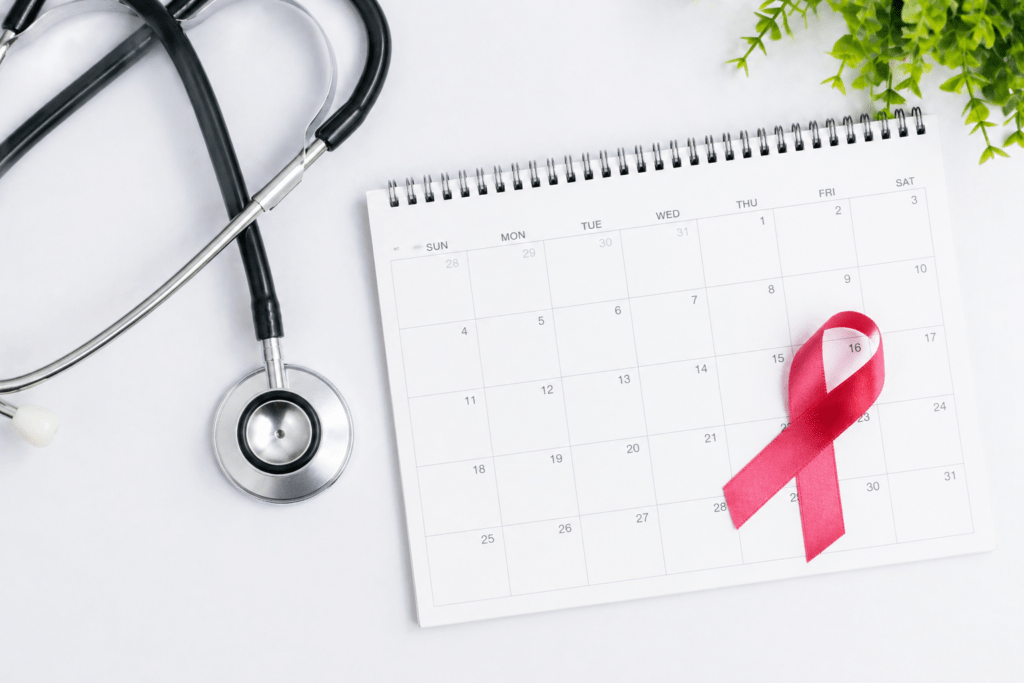 Minimalist health awareness concept image with a stethoscope, calendar page, and ribbon symbol, clean white background, high resolution.