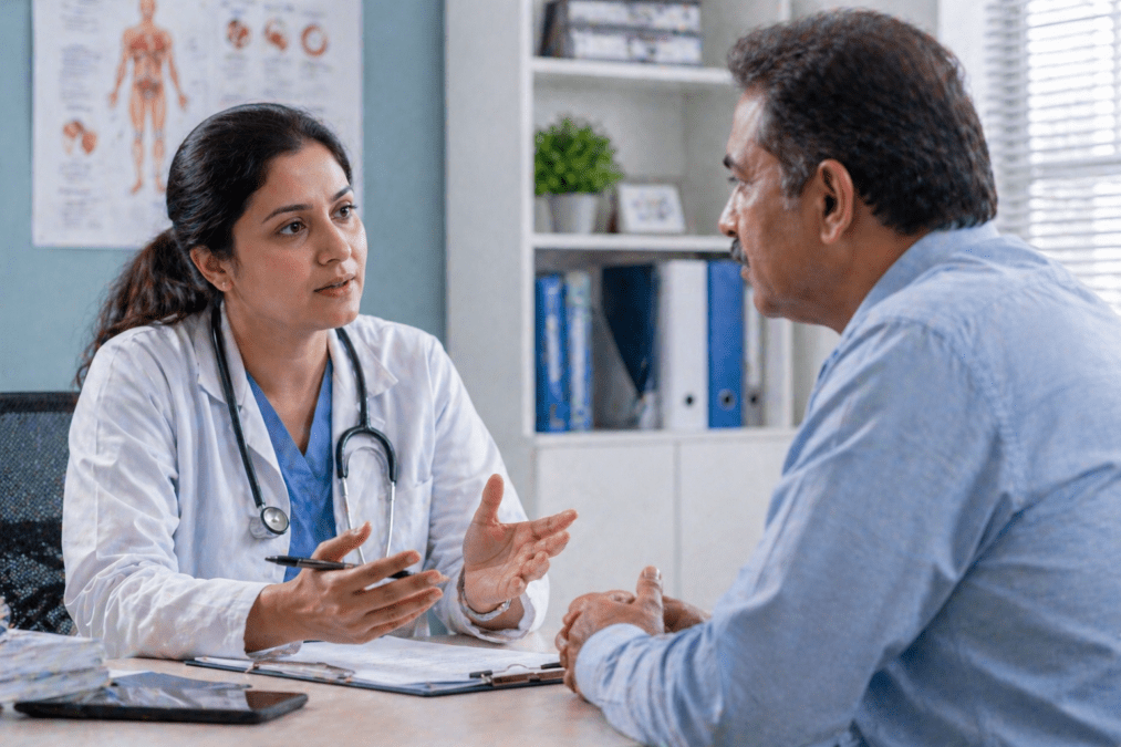 Doctor consulting patient about persistent symptoms and early cancer warning signs in a clinical setting.