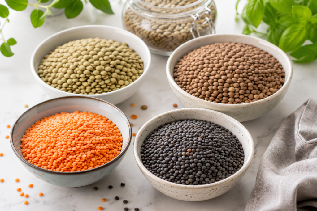 Plant-Based Proteins “Common vegetarian protein foods including lentils, chickpeas, tofu, quinoa, paneer, oats, and nuts arranged on a table."