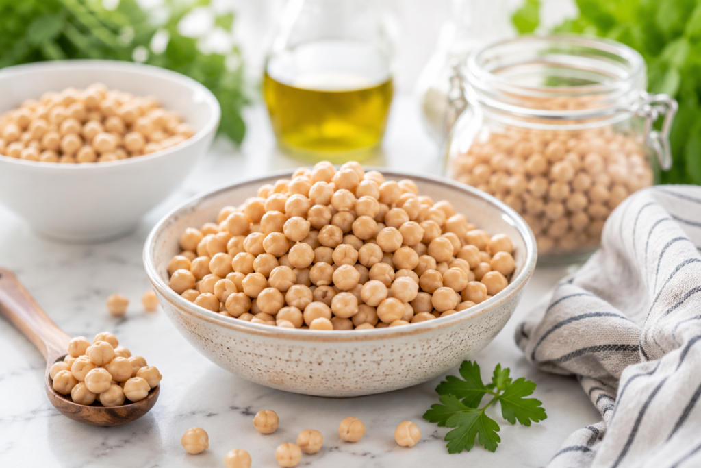 “Common vegetarian protein foods including lentils, chickpeas, tofu, quinoa, paneer, oats, and nuts arranged on a table."