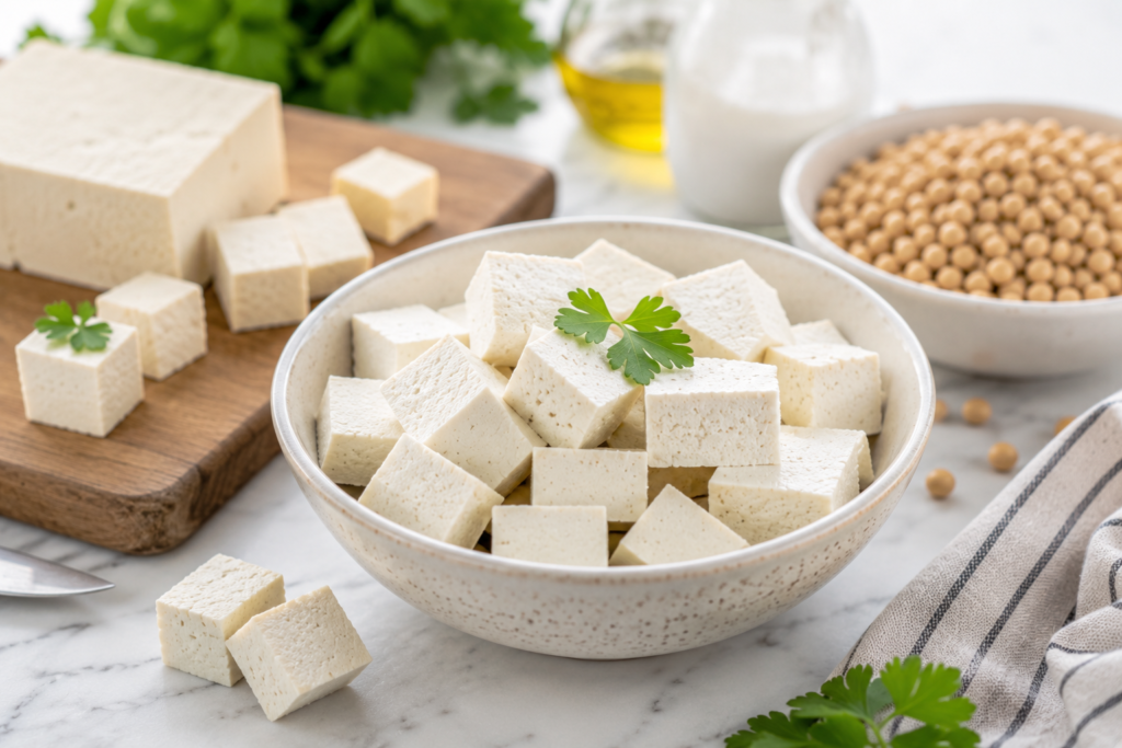 “Common vegetarian protein foods including lentils, chickpeas, tofu, quinoa, paneer, oats, and nuts arranged on a table."