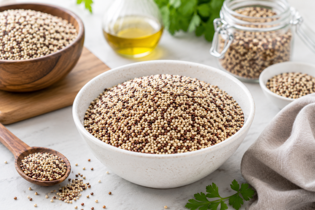 “Common vegetarian protein foods including lentils, chickpeas, tofu, quinoa, paneer, oats, and nuts arranged on a table."