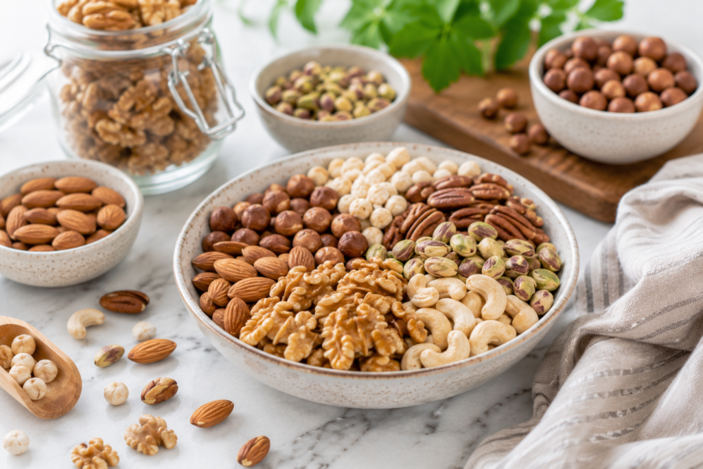 “Common vegetarian protein foods including lentils, chickpeas, tofu, quinoa, paneer, oats, and nuts arranged on a table."