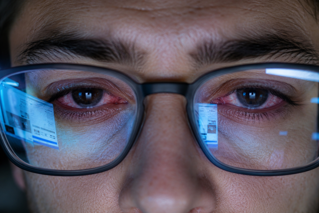 Digital Eye Strain: Close-up of screen fatigue symptoms caused by prolonged digital device usage.