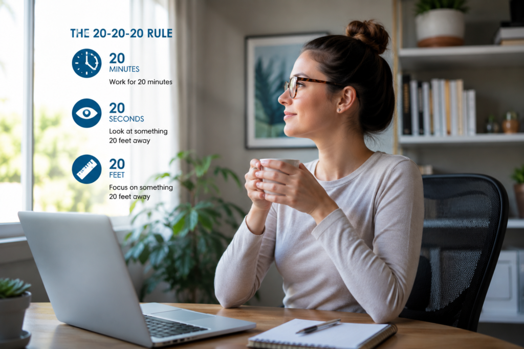 Person taking a visual break to reduce screen fatigue and digital eye strain.