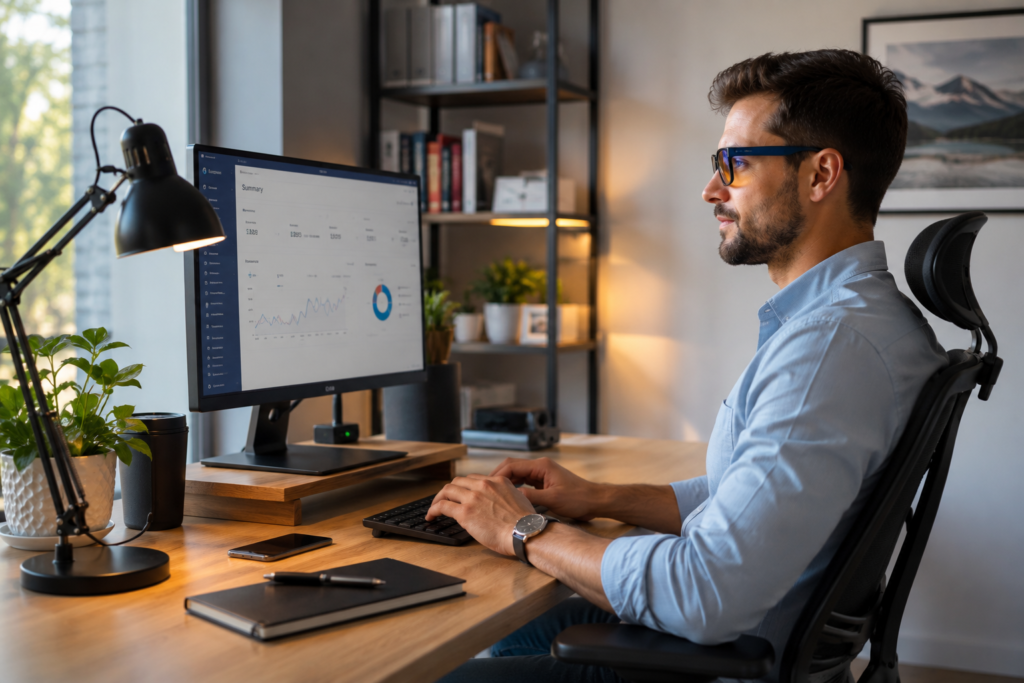 Digital Eye Strain: Ergonomic workspace designed to reduce digital eye strain and improve eye health.