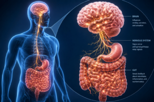 Illustration showing the connection between the gut and brain through the gut-brain axis.